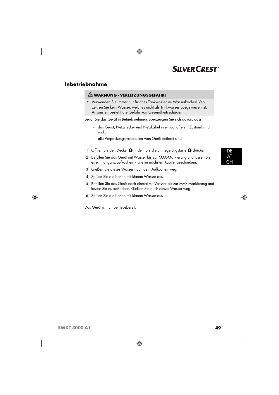 Inbetriebnahme, De at ch | Silvercrest SWKT 3000 A1 User Manual | Page 52 / 59