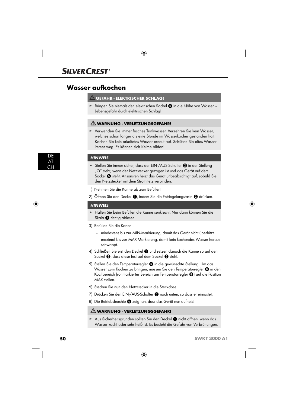 Wasser aufkochen, De at ch | Silvercrest SWKT 3000 A1 User Manual | Page 53 / 59