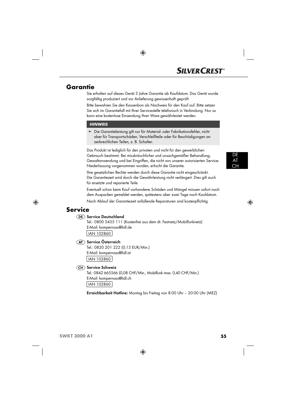 Garantie, Service, De at ch | Silvercrest SWKT 3000 A1 User Manual | Page 58 / 59