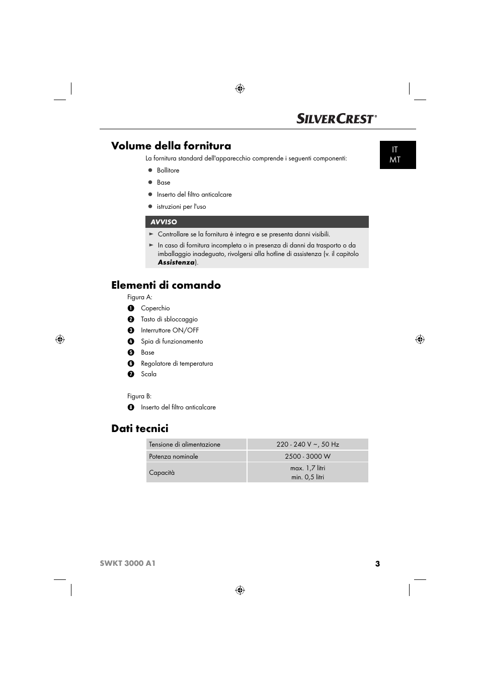 Volume della fornitura, Elementi di comando, Dati tecnici | It mt | Silvercrest SWKT 3000 A1 User Manual | Page 6 / 59