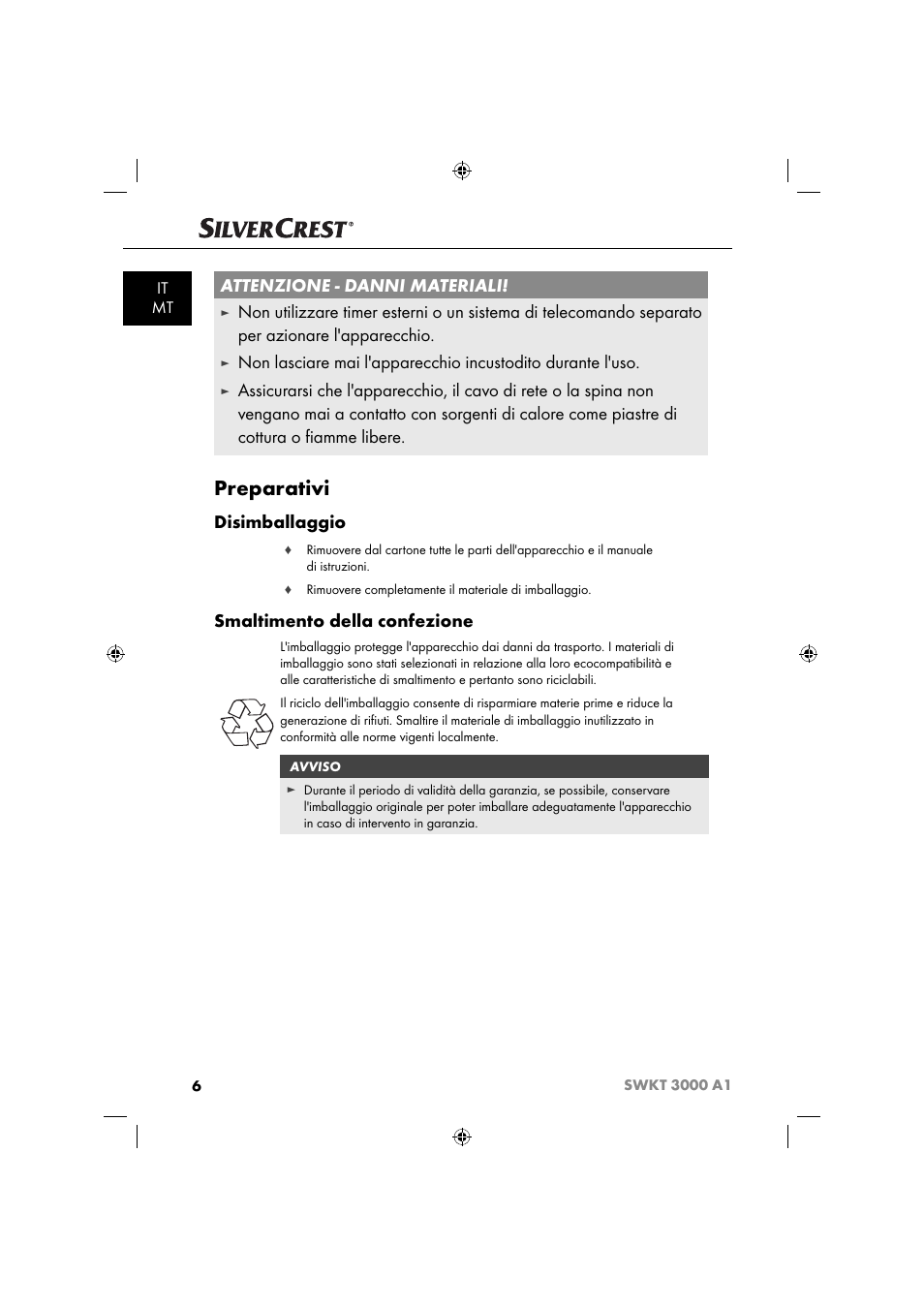 Preparativi, Attenzione - danni materiali, Disimballaggio | Smaltimento della confezione, It mt | Silvercrest SWKT 3000 A1 User Manual | Page 9 / 59