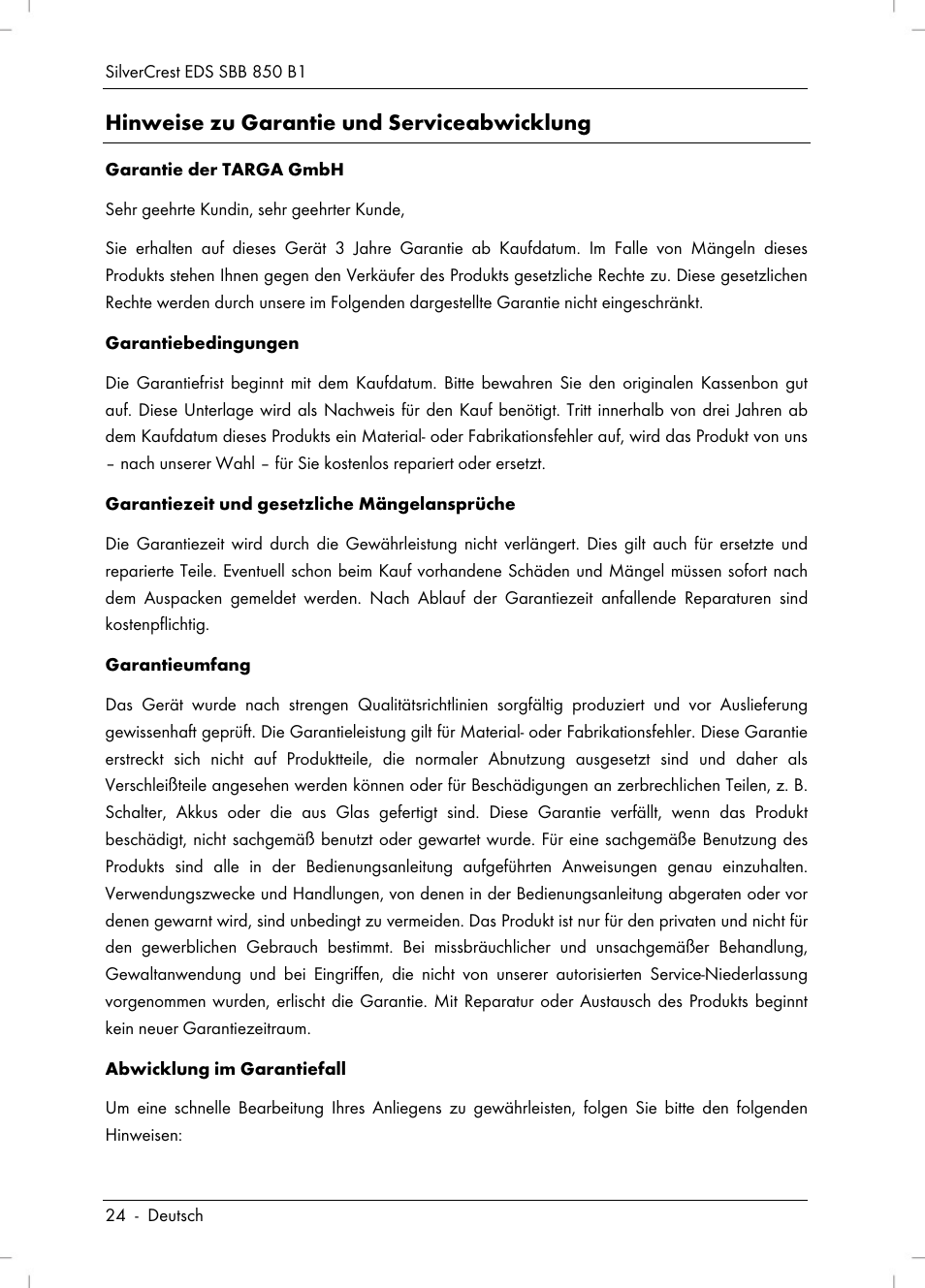 Hinweise zu garantie und serviceabwicklung | Silvercrest SBB 850 B1 User Manual | Page 26 / 100