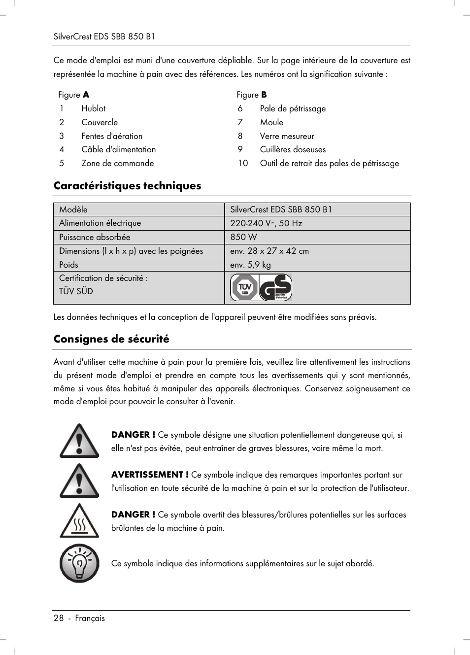 Caractéristiques techniques, Consignes de sécurité | Silvercrest SBB 850 B1 User Manual | Page 30 / 100