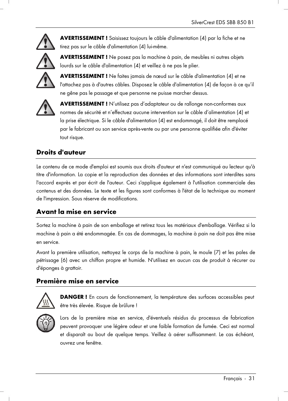 Droits d'auteur, Avant la mise en service, Première mise en service | Silvercrest SBB 850 B1 User Manual | Page 33 / 100