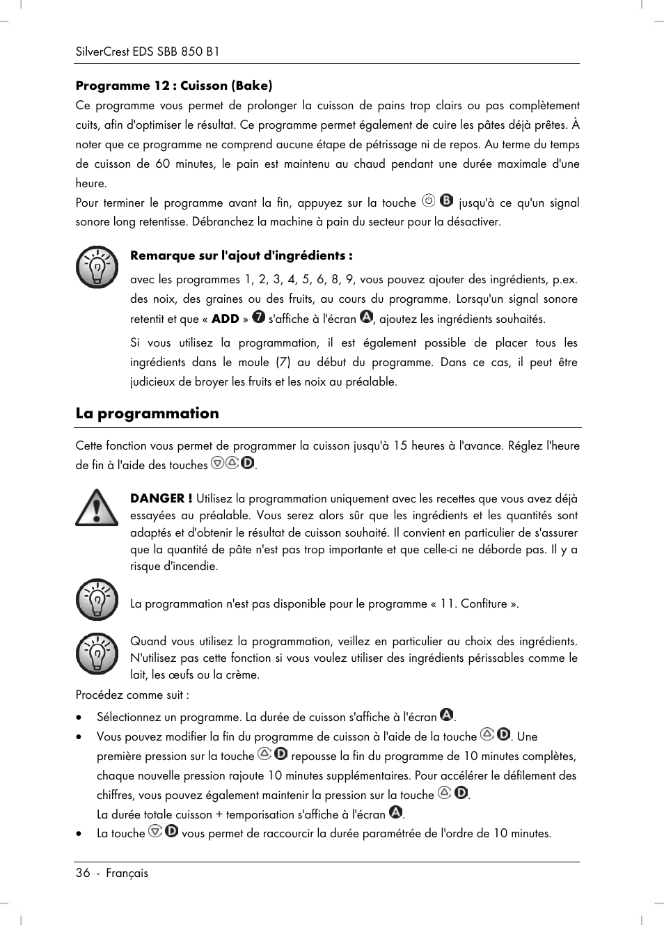 La programmation | Silvercrest SBB 850 B1 User Manual | Page 38 / 100