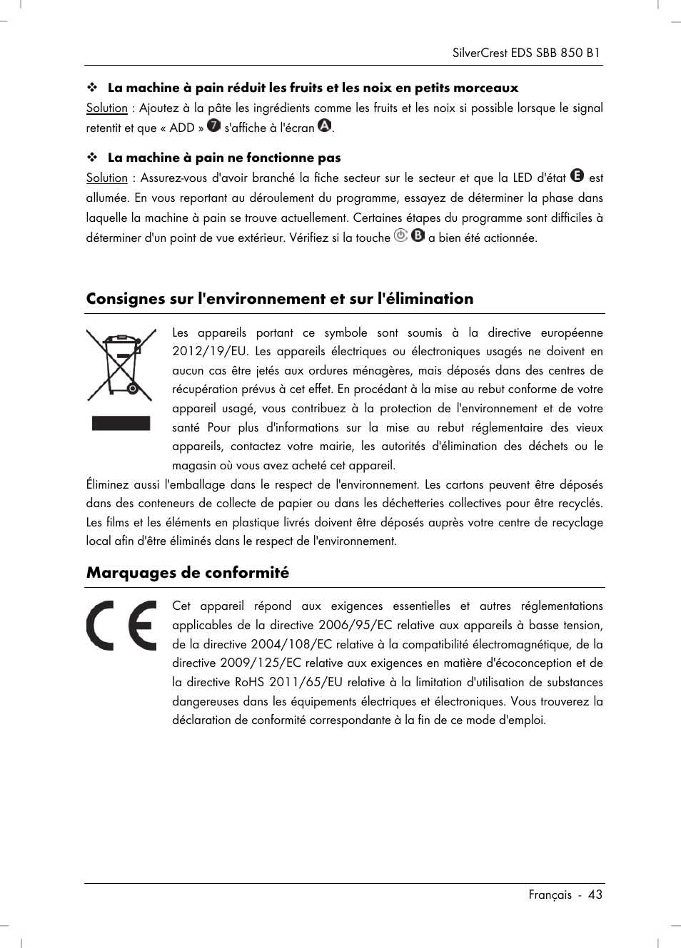 Consignes sur l'environnement et sur l'élimination, Marquages de conformité | Silvercrest SBB 850 B1 User Manual | Page 45 / 100