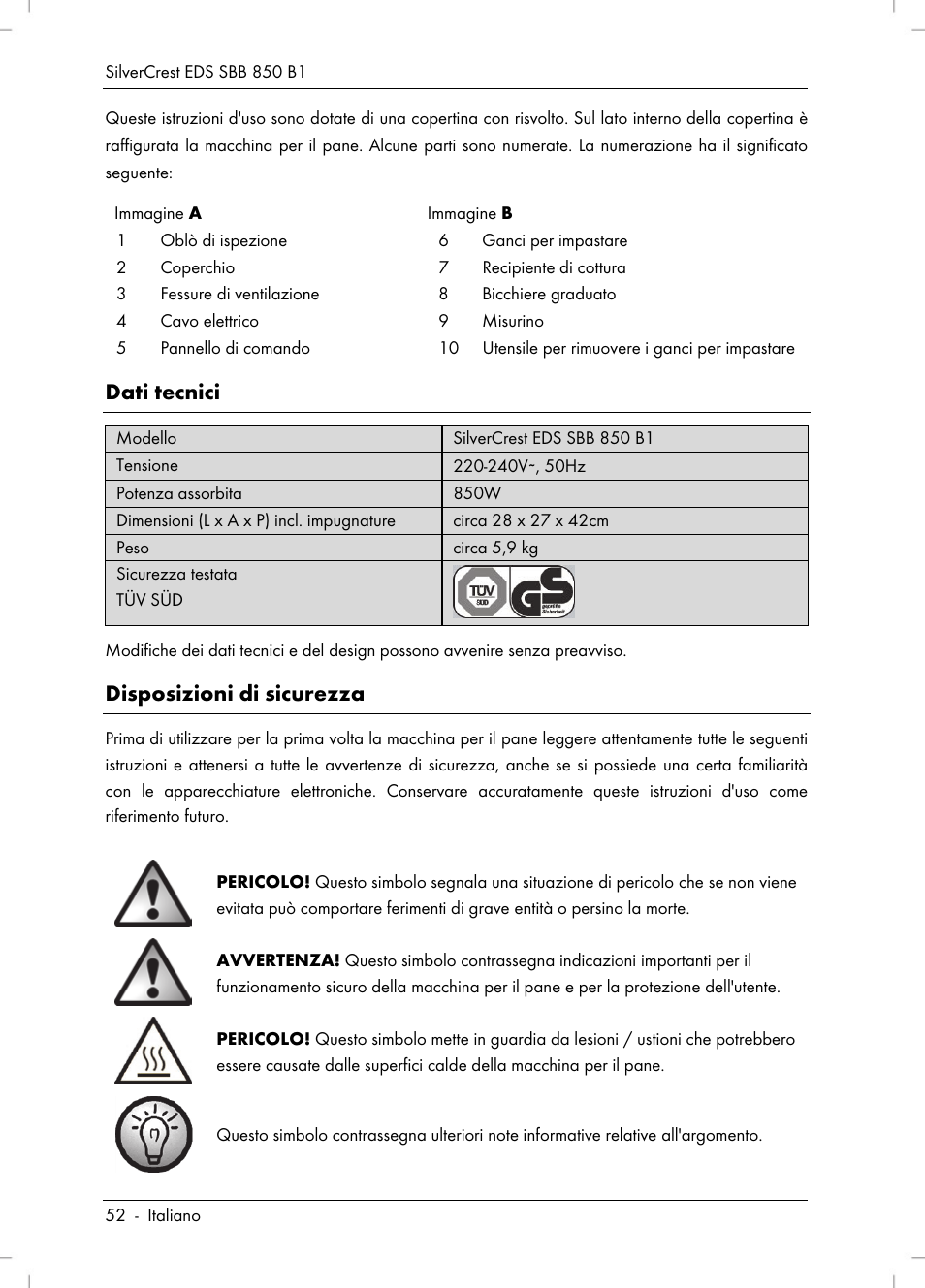 Dati tecnici, Disposizioni di sicurezza | Silvercrest SBB 850 B1 User Manual | Page 54 / 100