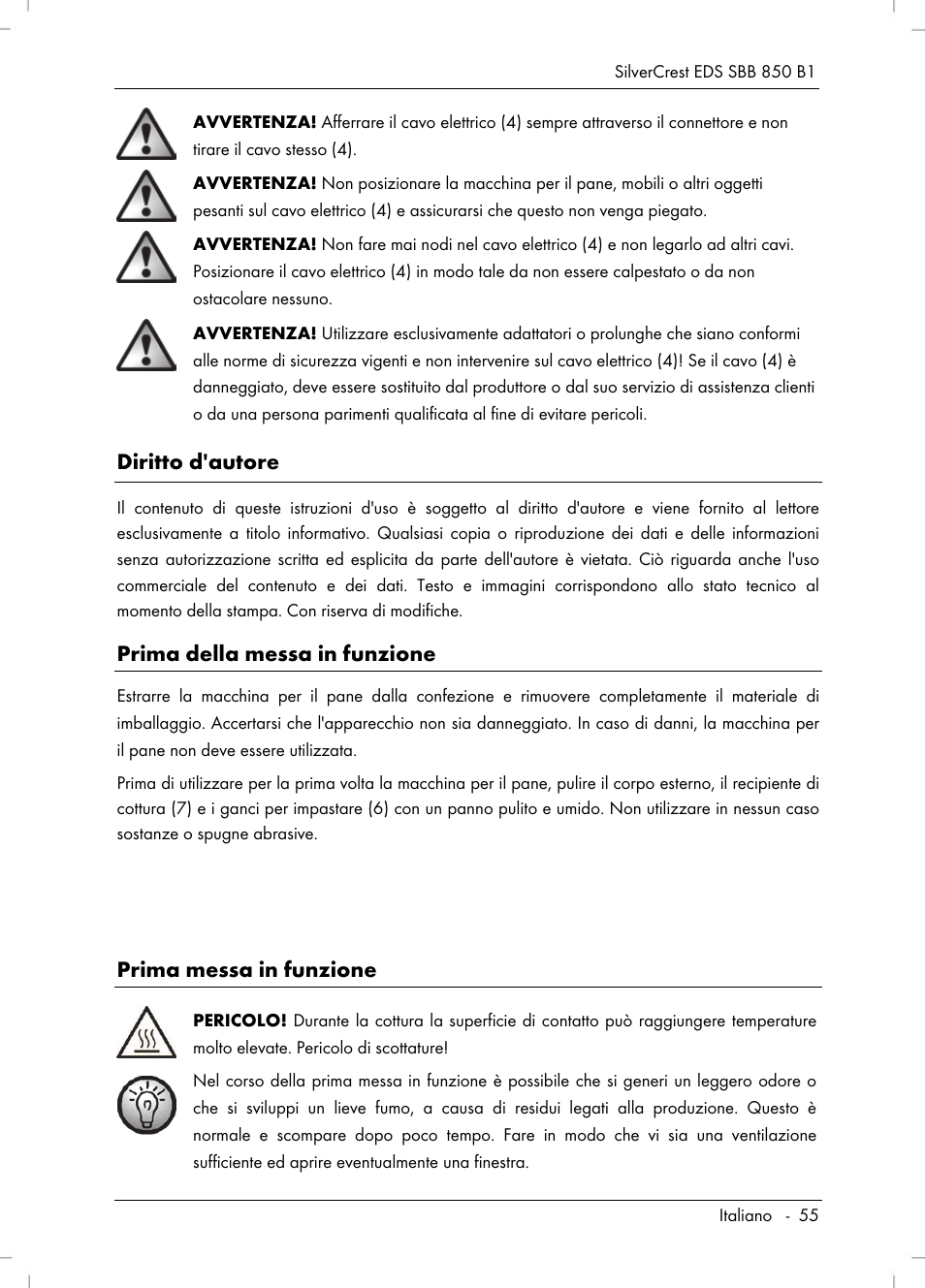 Diritto d'autore, Prima della messa in funzione, Prima messa in funzione | Silvercrest SBB 850 B1 User Manual | Page 57 / 100