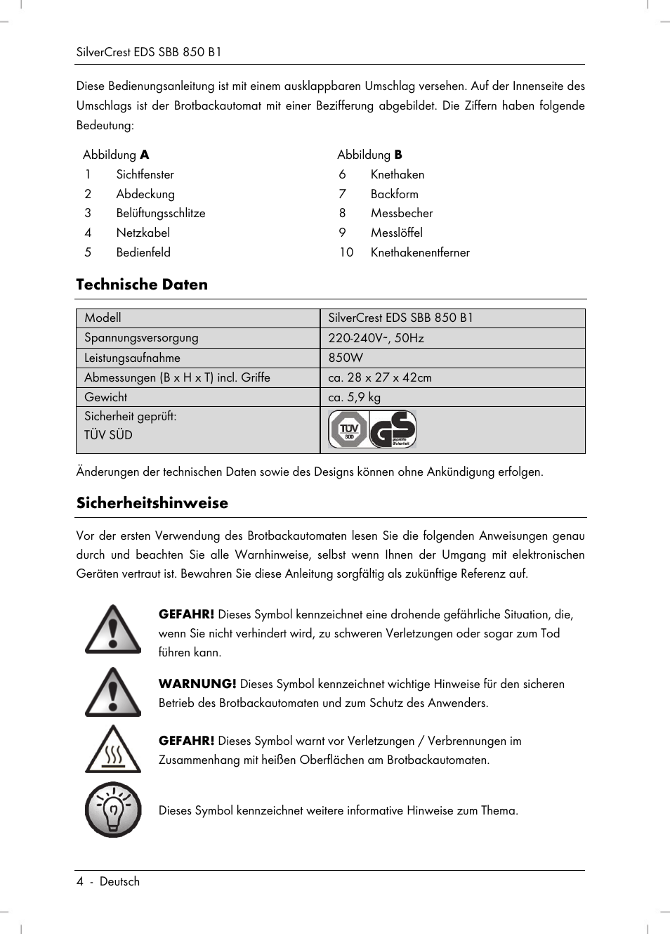 Technische daten, Sicherheitshinweise | Silvercrest SBB 850 B1 User Manual | Page 6 / 100