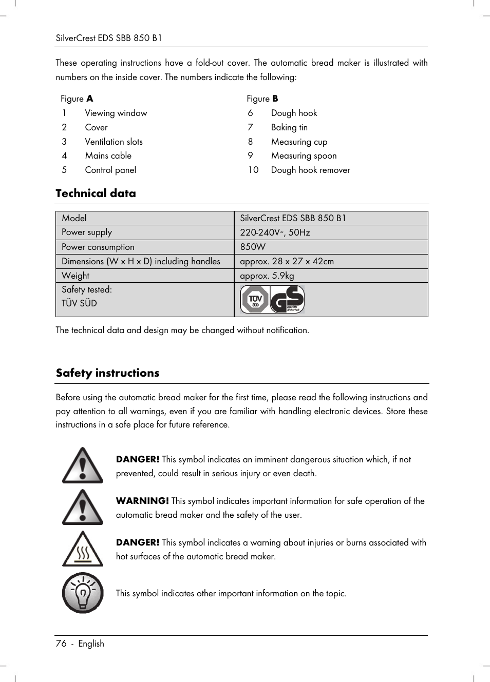 Technical data, Safety instructions | Silvercrest SBB 850 B1 User Manual | Page 78 / 100