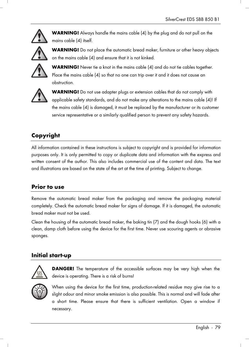 Copyright, Prior to use, Initial start-up | Silvercrest SBB 850 B1 User Manual | Page 81 / 100