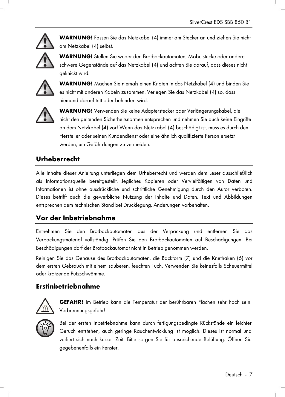 Urheberrecht, Vor der inbetriebnahme, Erstinbetriebnahme | Silvercrest SBB 850 B1 User Manual | Page 9 / 100