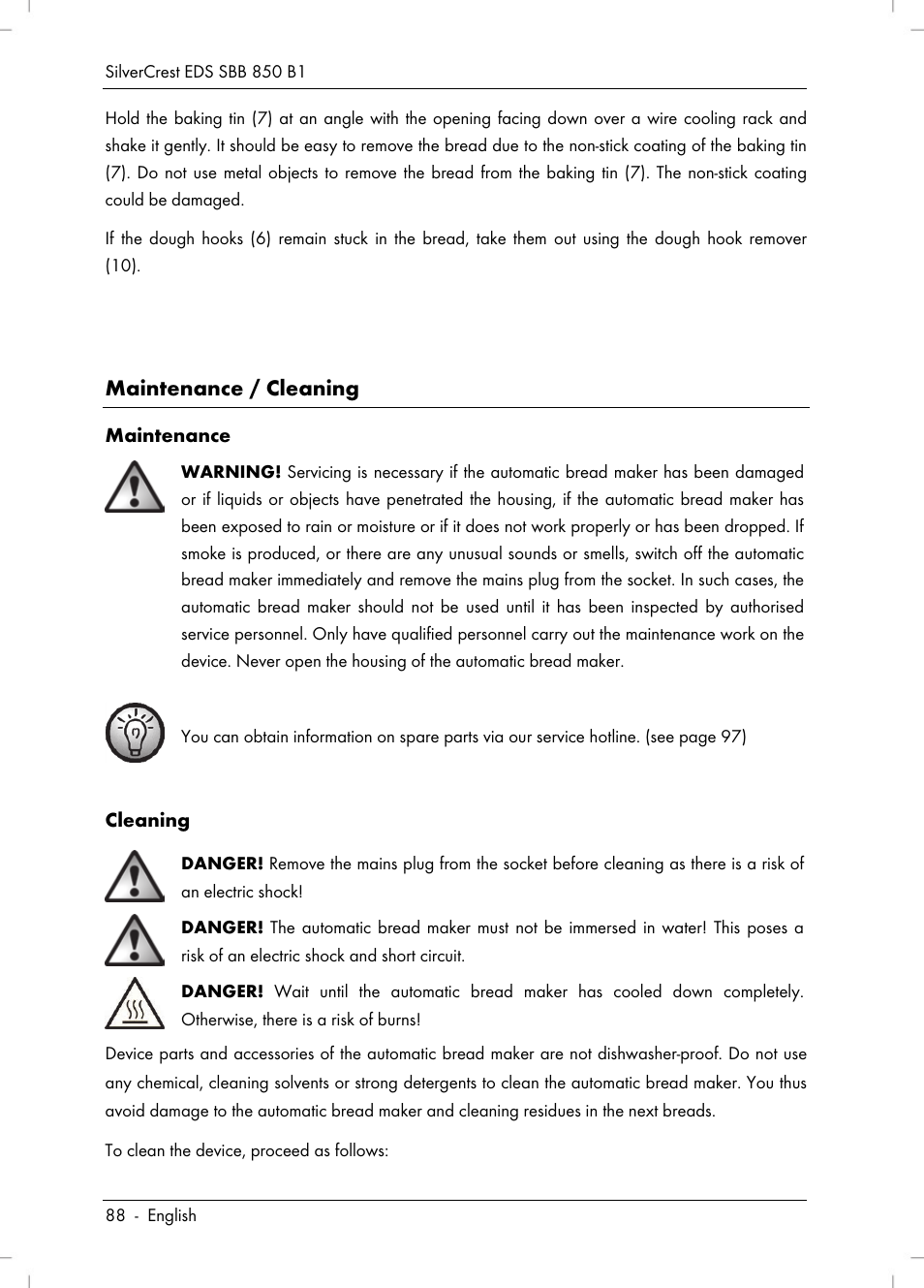 Maintenance / cleaning | Silvercrest SBB 850 B1 User Manual | Page 90 / 100