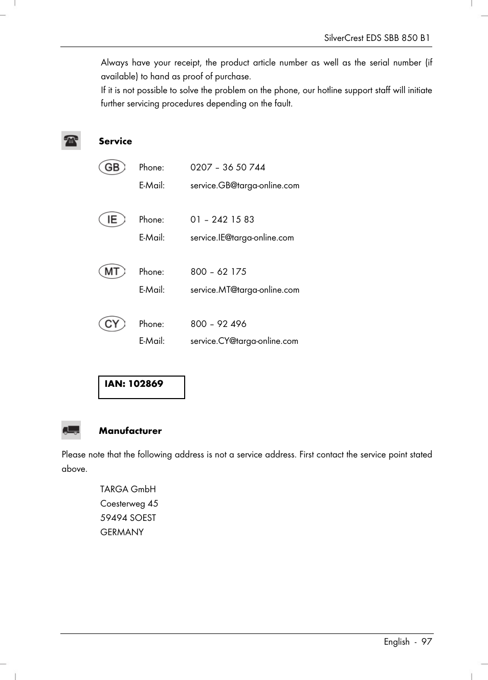 Silvercrest SBB 850 B1 User Manual | Page 99 / 100