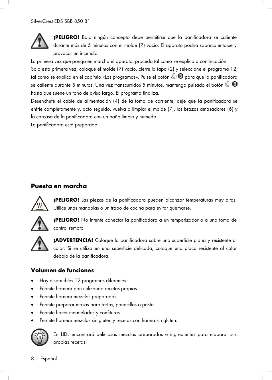 Puesta en marcha | Silvercrest SBB 850 B1 User Manual | Page 10 / 124