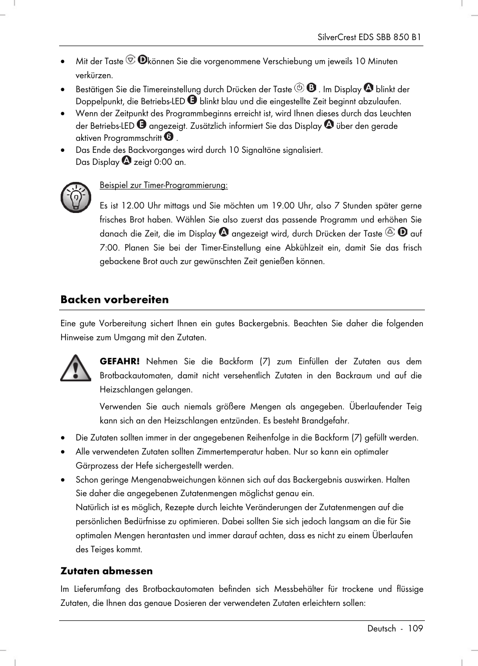 Backen vorbereiten | Silvercrest SBB 850 B1 User Manual | Page 111 / 124