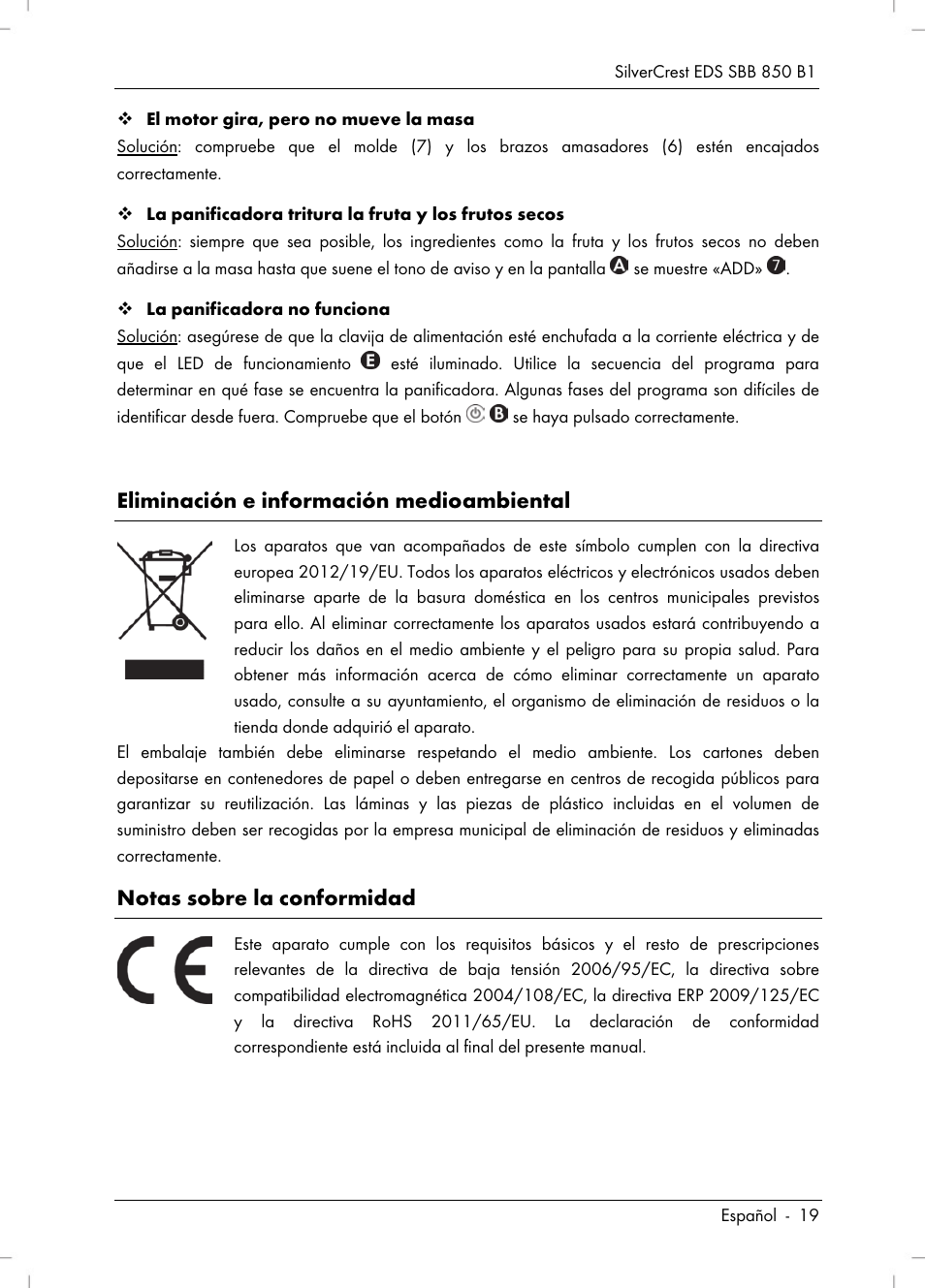 Eliminación e información medioambiental, Notas sobre la conformidad | Silvercrest SBB 850 B1 User Manual | Page 21 / 124