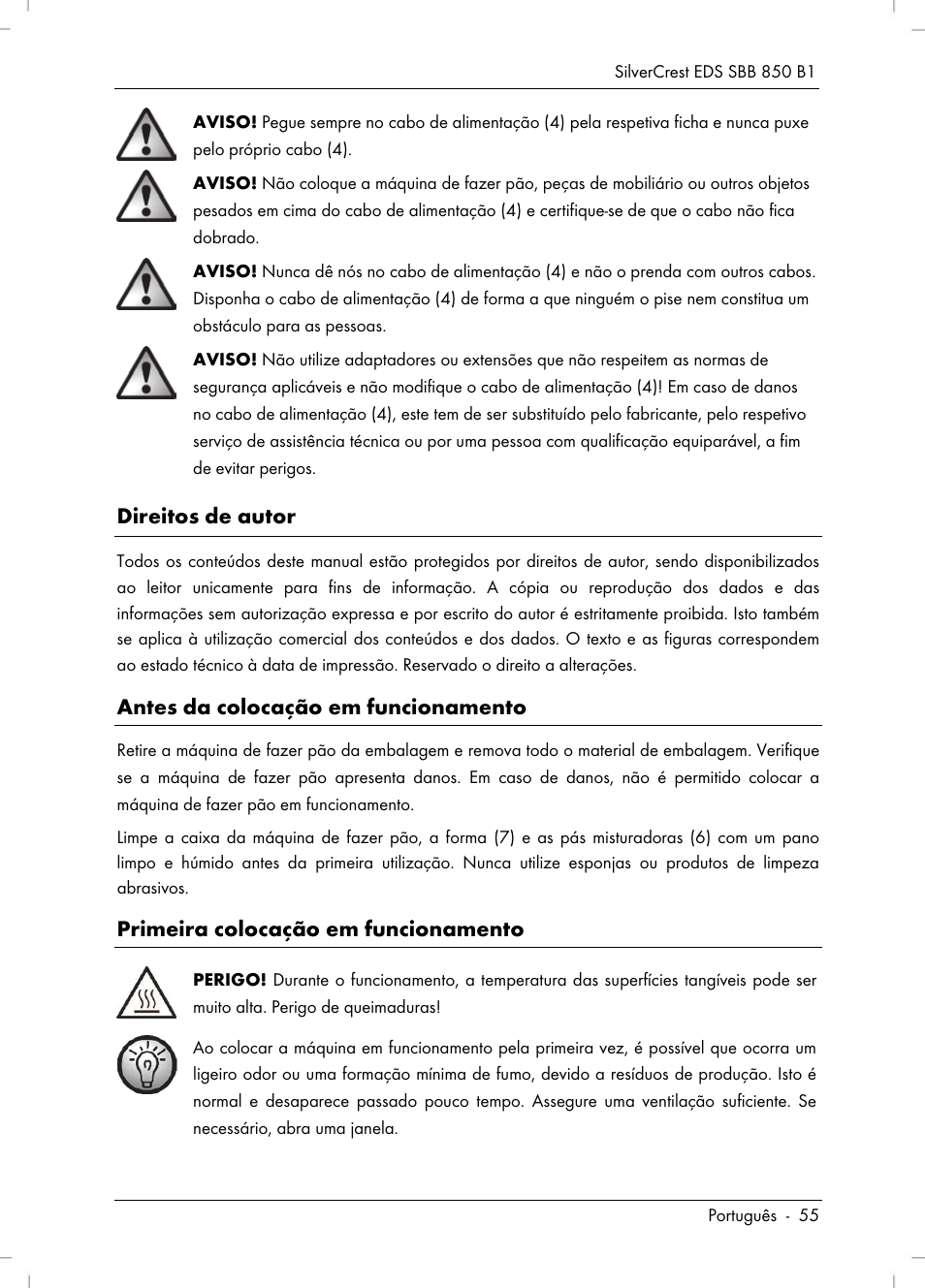 Direitos de autor, Antes da colocação em funcionamento, Primeira colocação em funcionamento | Silvercrest SBB 850 B1 User Manual | Page 57 / 124