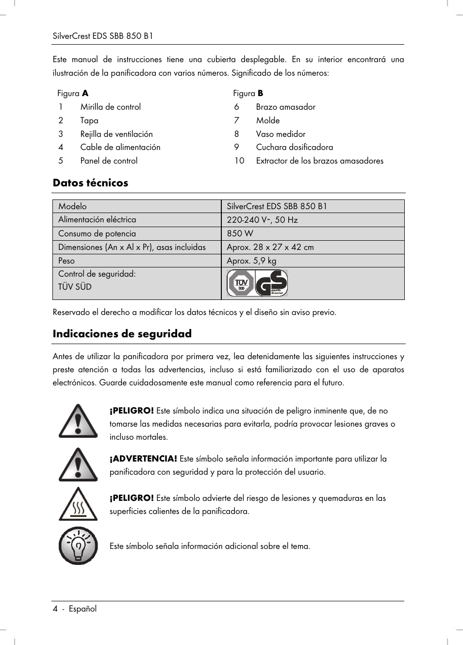 Datos técnicos, Indicaciones de seguridad | Silvercrest SBB 850 B1 User Manual | Page 6 / 124