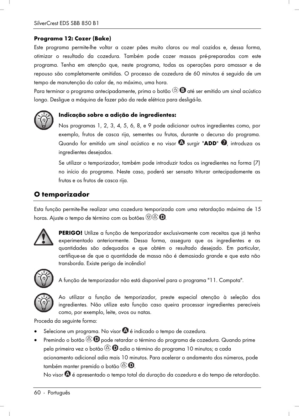 O temporizador | Silvercrest SBB 850 B1 User Manual | Page 62 / 124