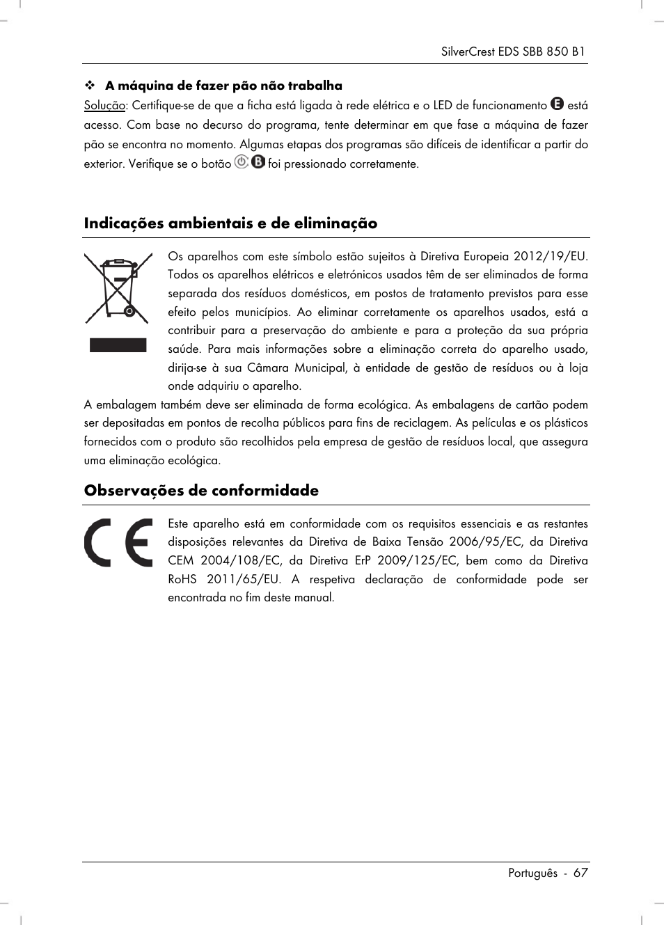 Indicações ambientais e de eliminação, Observações de conformidade | Silvercrest SBB 850 B1 User Manual | Page 69 / 124