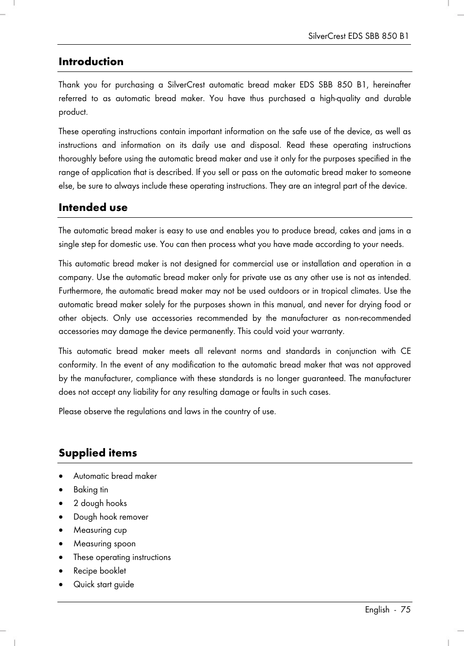 Introduction, Intended use, Supplied items | Silvercrest SBB 850 B1 User Manual | Page 77 / 124