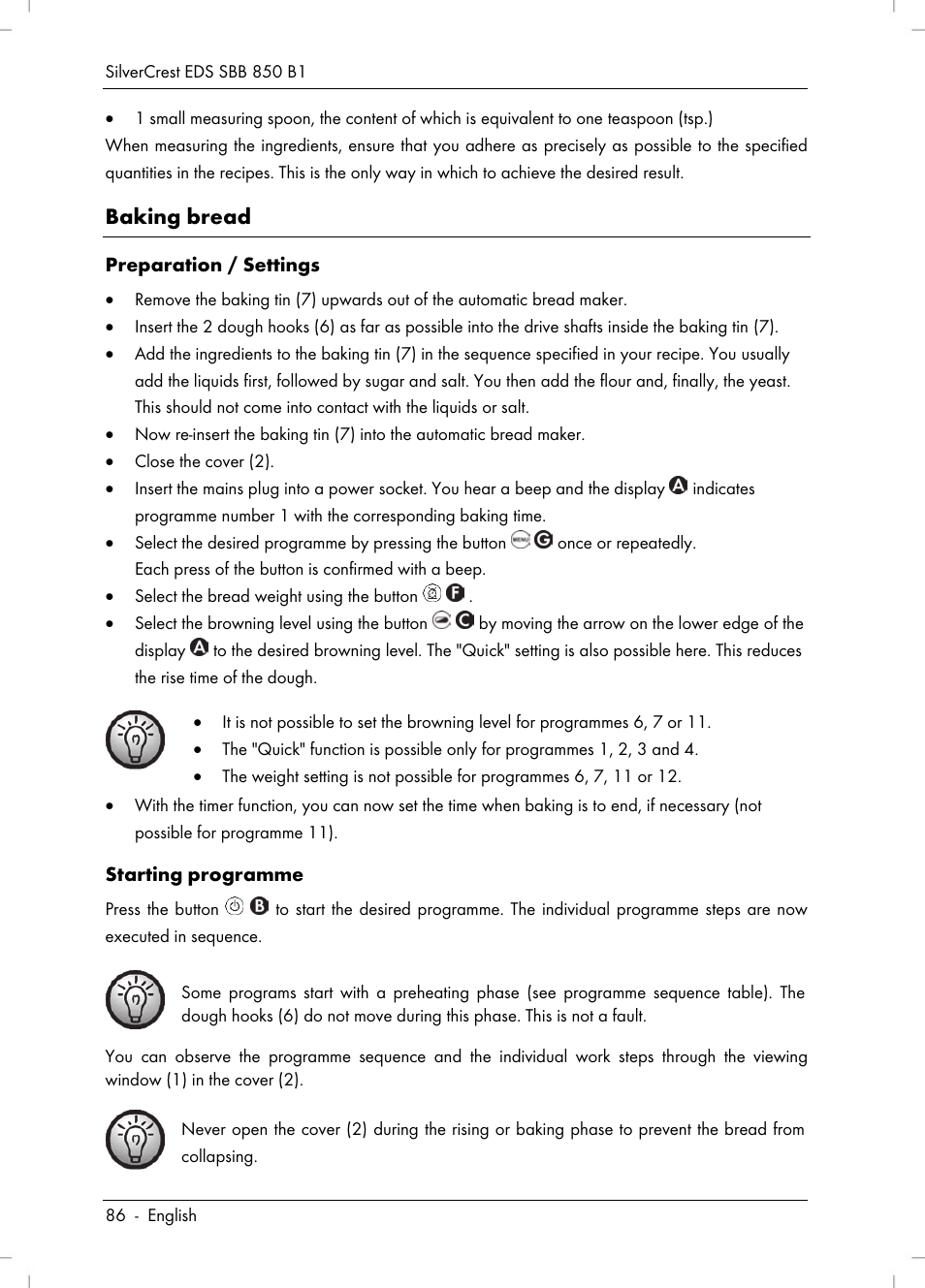 Baking bread | Silvercrest SBB 850 B1 User Manual | Page 88 / 124