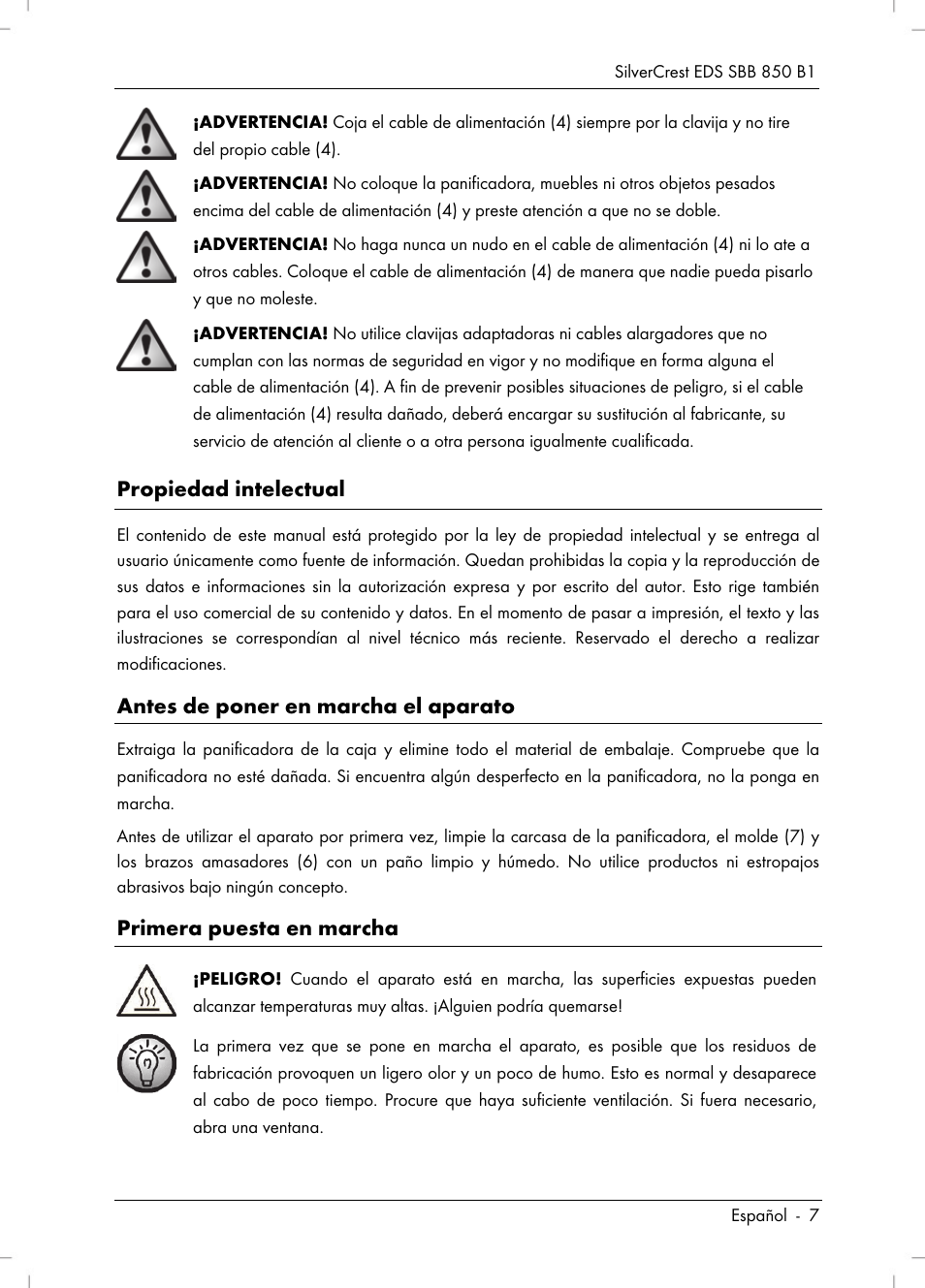 Propiedad intelectual, Antes de poner en marcha el aparato, Primera puesta en marcha | Silvercrest SBB 850 B1 User Manual | Page 9 / 124