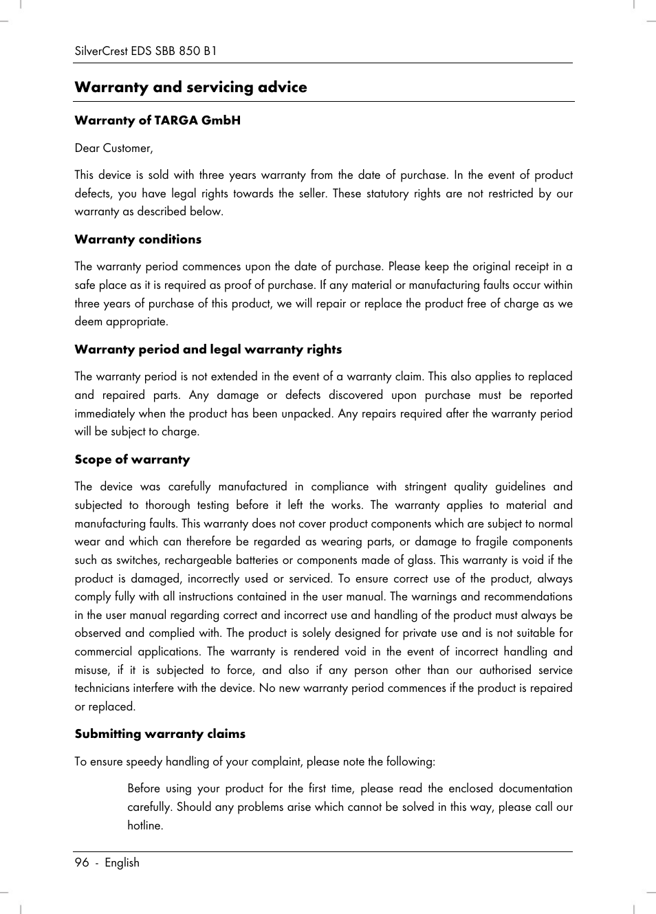 Warranty and servicing advice | Silvercrest SBB 850 B1 User Manual | Page 98 / 124