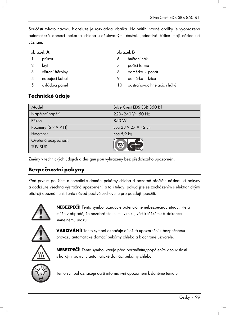 Technické údaje, Bezpečnostní pokyny | Silvercrest SBB 850 B1 User Manual | Page 101 / 172