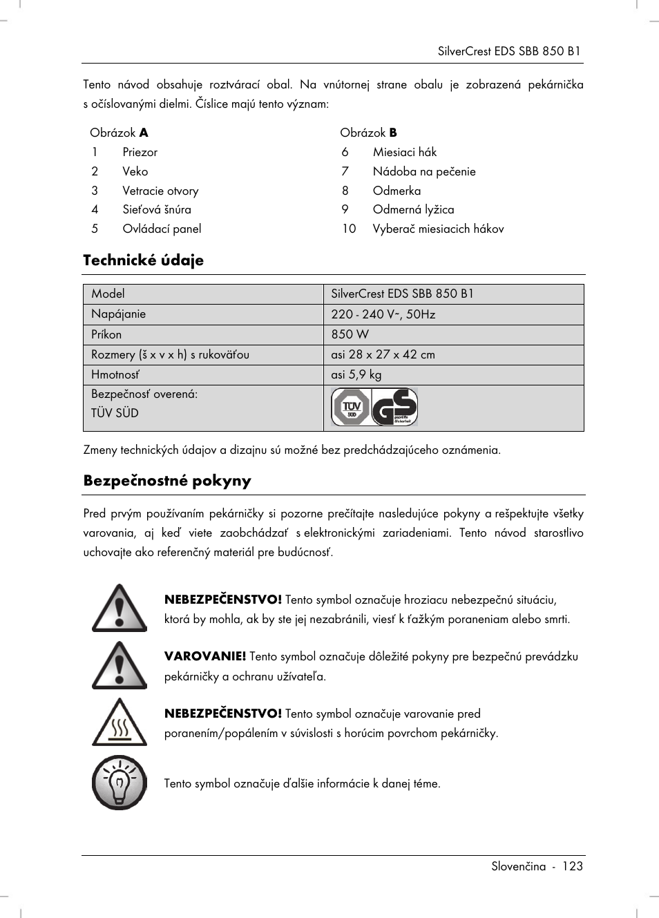 Technické údaje, Bezpečnostné pokyny | Silvercrest SBB 850 B1 User Manual | Page 125 / 172