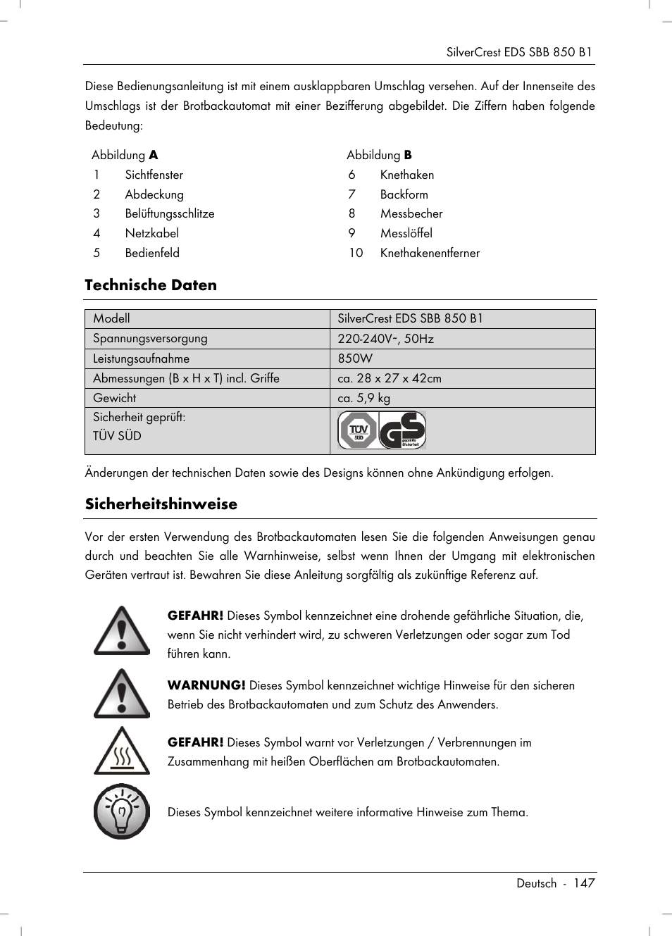 Technische daten, Sicherheitshinweise | Silvercrest SBB 850 B1 User Manual | Page 149 / 172