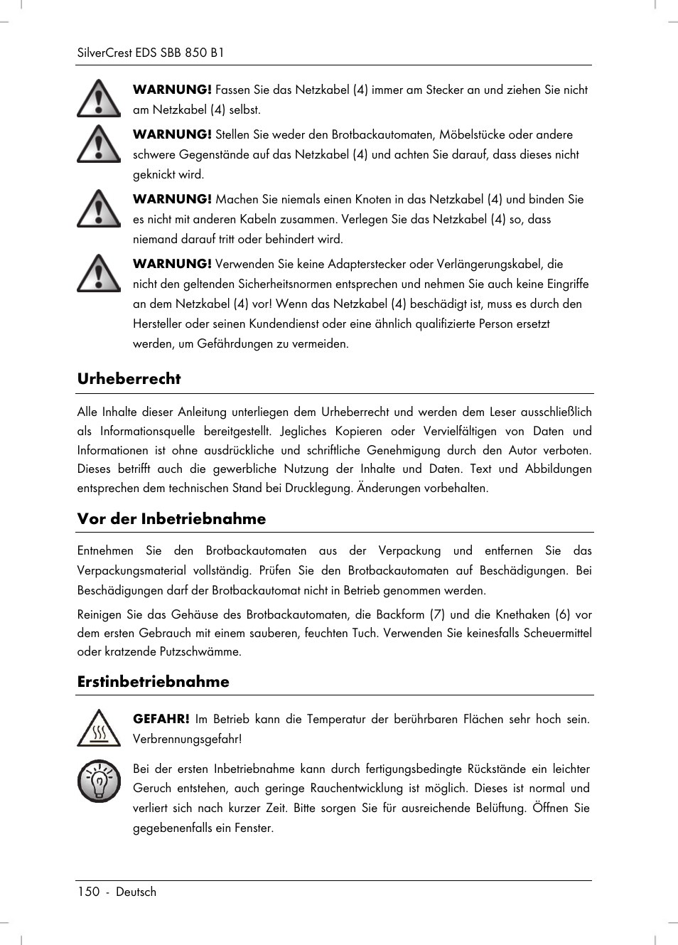Urheberrecht, Vor der inbetriebnahme, Erstinbetriebnahme | Silvercrest SBB 850 B1 User Manual | Page 152 / 172