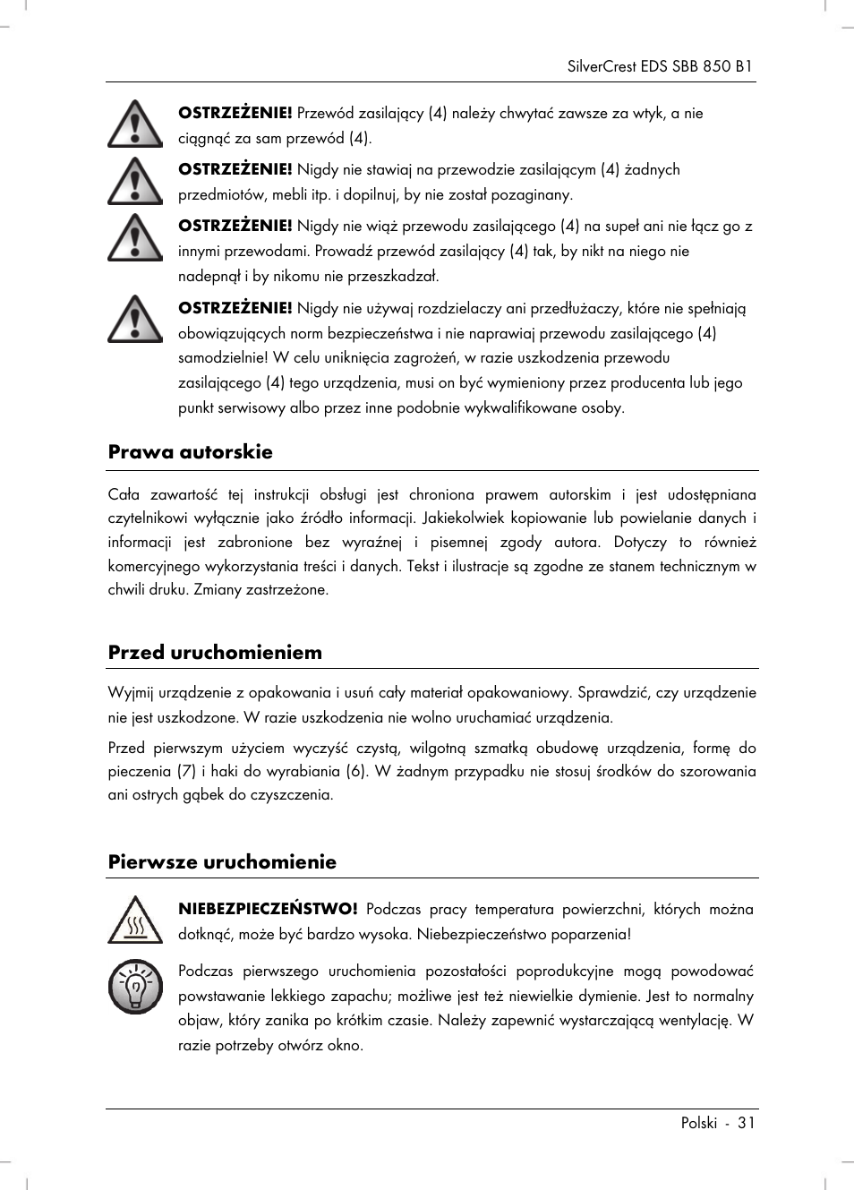Prawa autorskie, Przed uruchomieniem, Pierwsze uruchomienie | Silvercrest SBB 850 B1 User Manual | Page 33 / 172