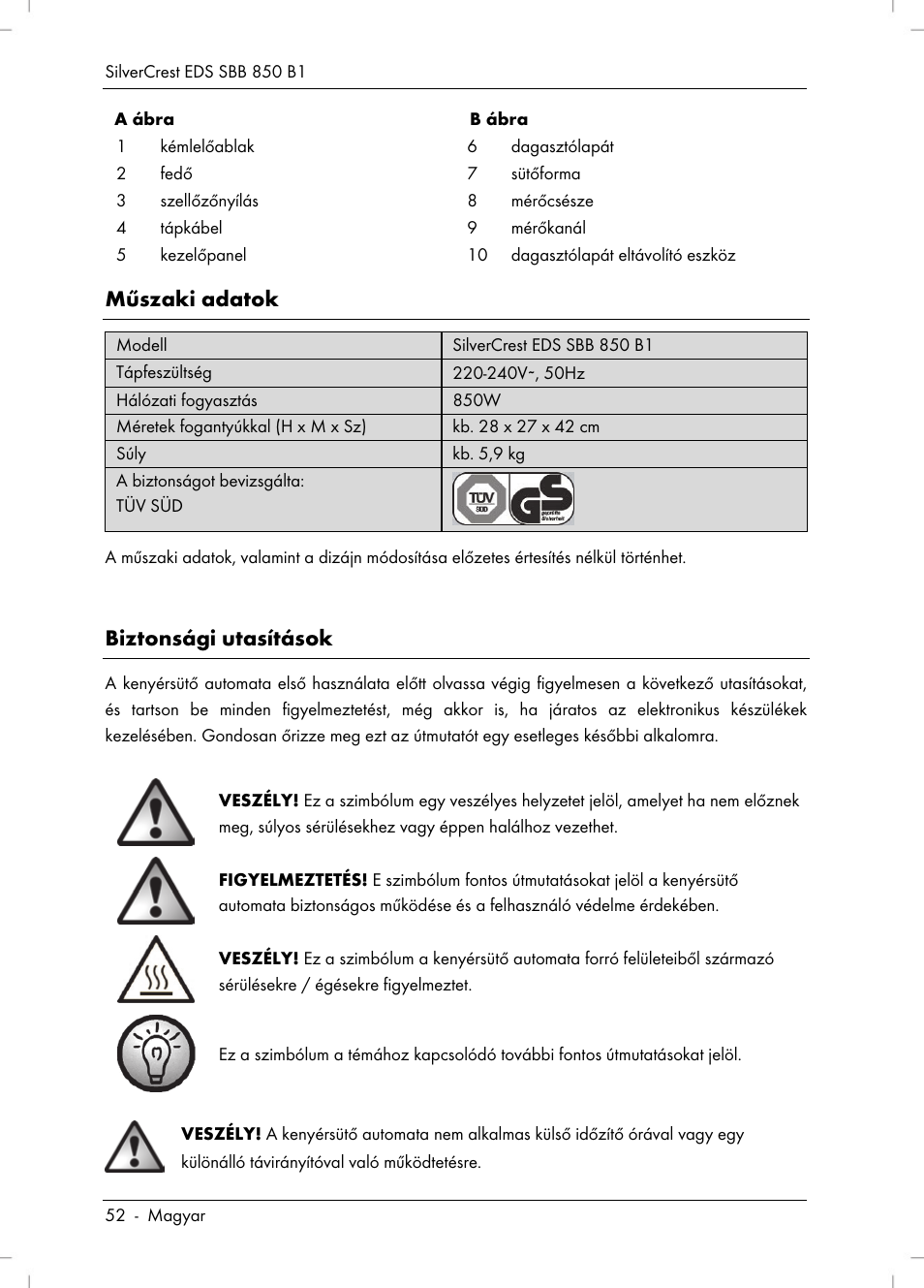 Műszaki adatok, Biztonsági utasítások | Silvercrest SBB 850 B1 User Manual | Page 54 / 172