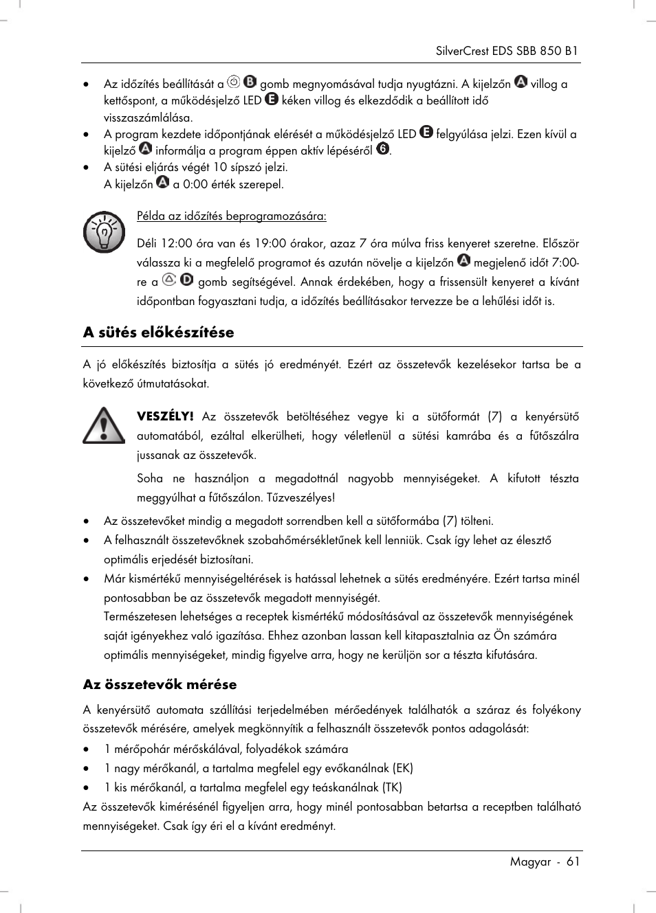 A sütés előkészítése | Silvercrest SBB 850 B1 User Manual | Page 63 / 172