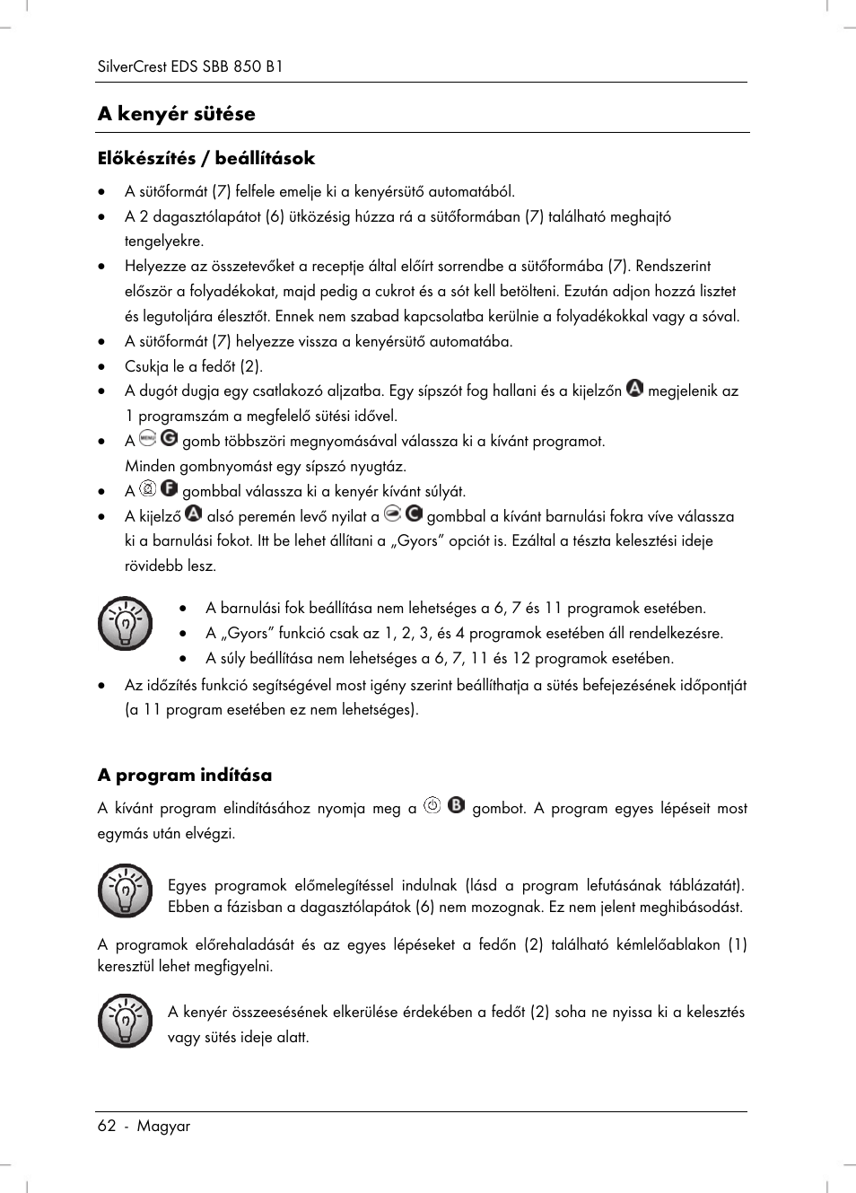 A kenyér sütése | Silvercrest SBB 850 B1 User Manual | Page 64 / 172