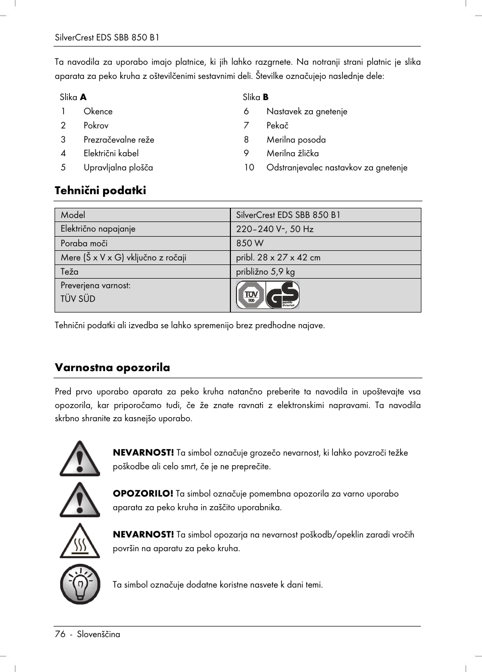 Tehnični podatki, Varnostna opozorila | Silvercrest SBB 850 B1 User Manual | Page 78 / 172