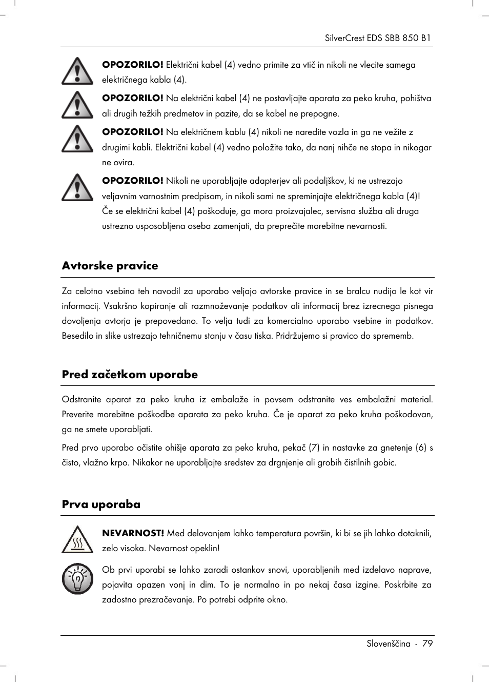 Avtorske pravice, Pred začetkom uporabe, Prva uporaba | Silvercrest SBB 850 B1 User Manual | Page 81 / 172