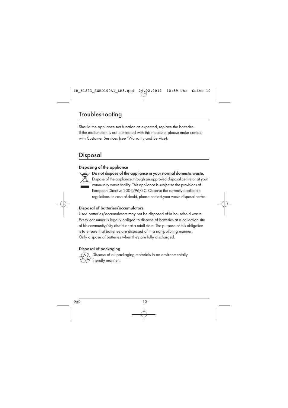 Troubleshooting, Disposal | Silvercrest SWED 100 A1 User Manual | Page 12 / 50