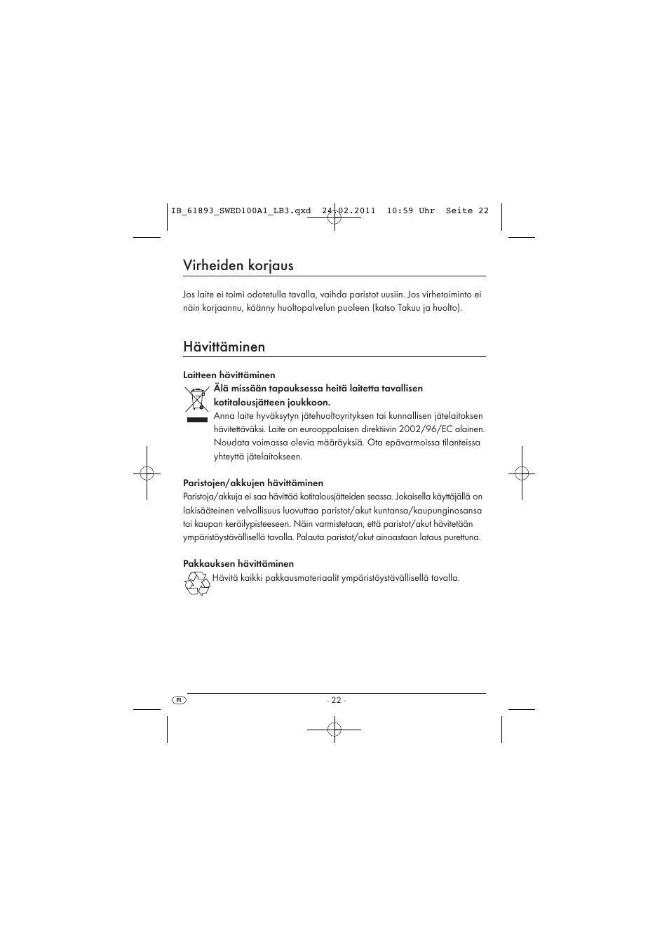Virheiden korjaus, Hävittäminen | Silvercrest SWED 100 A1 User Manual | Page 24 / 50