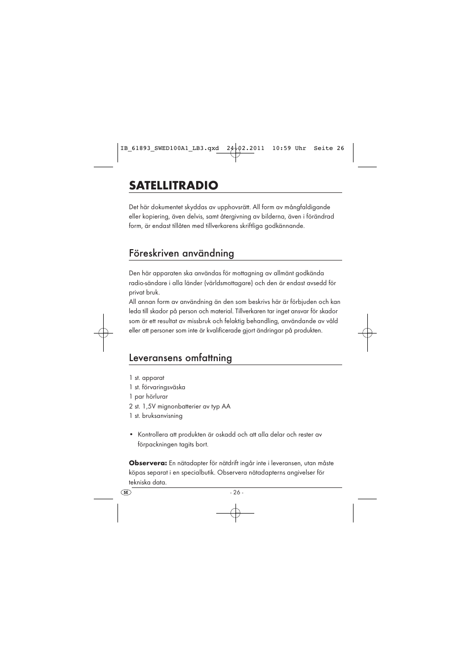 Satellitradio, Föreskriven användning, Leveransens omfattning | Silvercrest SWED 100 A1 User Manual | Page 28 / 50