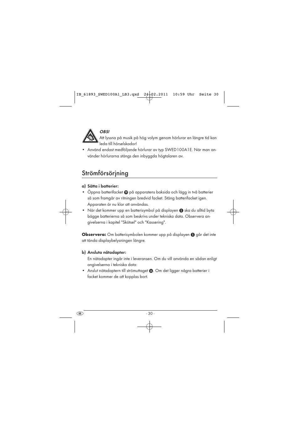 Strömförsörjning | Silvercrest SWED 100 A1 User Manual | Page 32 / 50