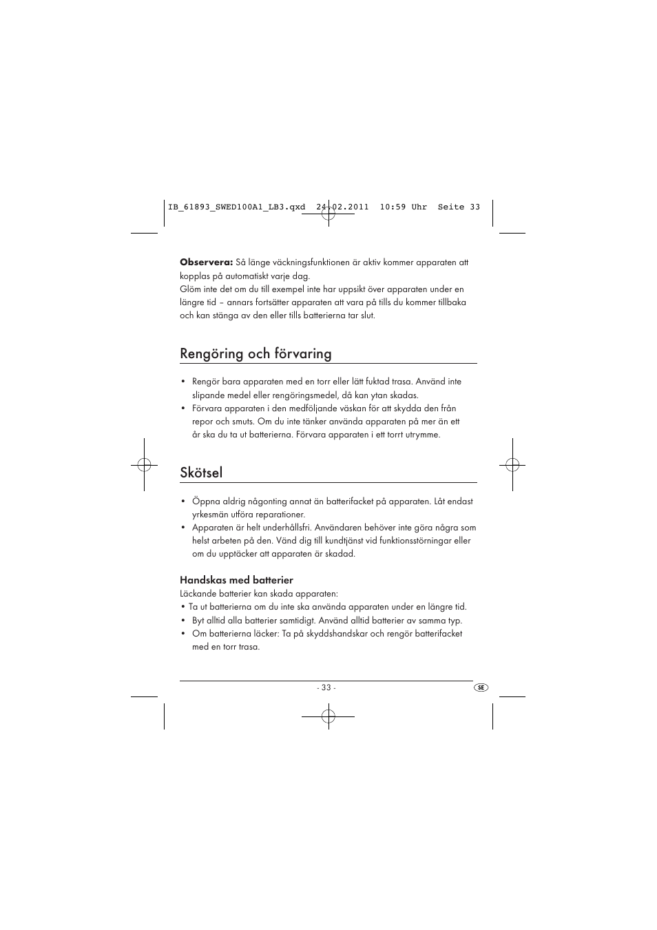 Rengöring och förvaring, Skötsel | Silvercrest SWED 100 A1 User Manual | Page 35 / 50