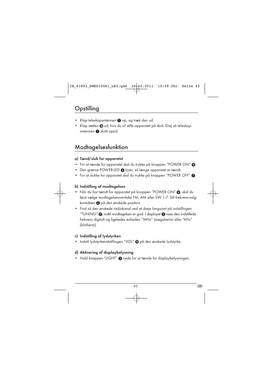 Opstilling, Modtagelsesfunktion | Silvercrest SWED 100 A1 User Manual | Page 45 / 50