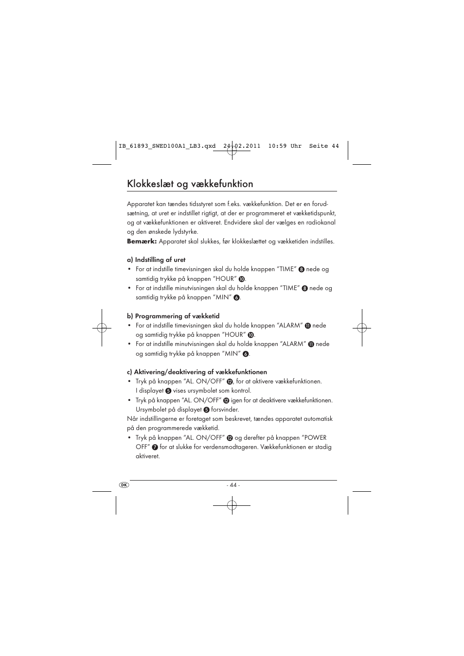 Klokkeslæt og vækkefunktion | Silvercrest SWED 100 A1 User Manual | Page 46 / 50