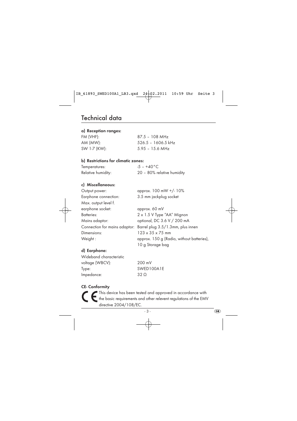 Technical data | Silvercrest SWED 100 A1 User Manual | Page 5 / 50