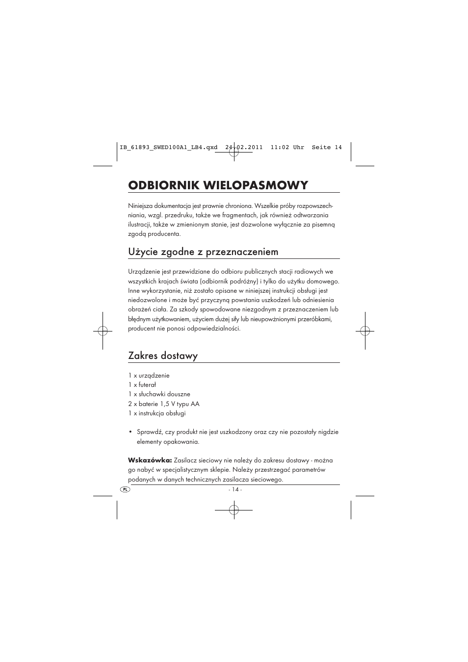 Odbiornik wielopasmowy, Użycie zgodne z przeznaczeniem, Zakres dostawy | Silvercrest SWED 100 A1 User Manual | Page 16 / 74