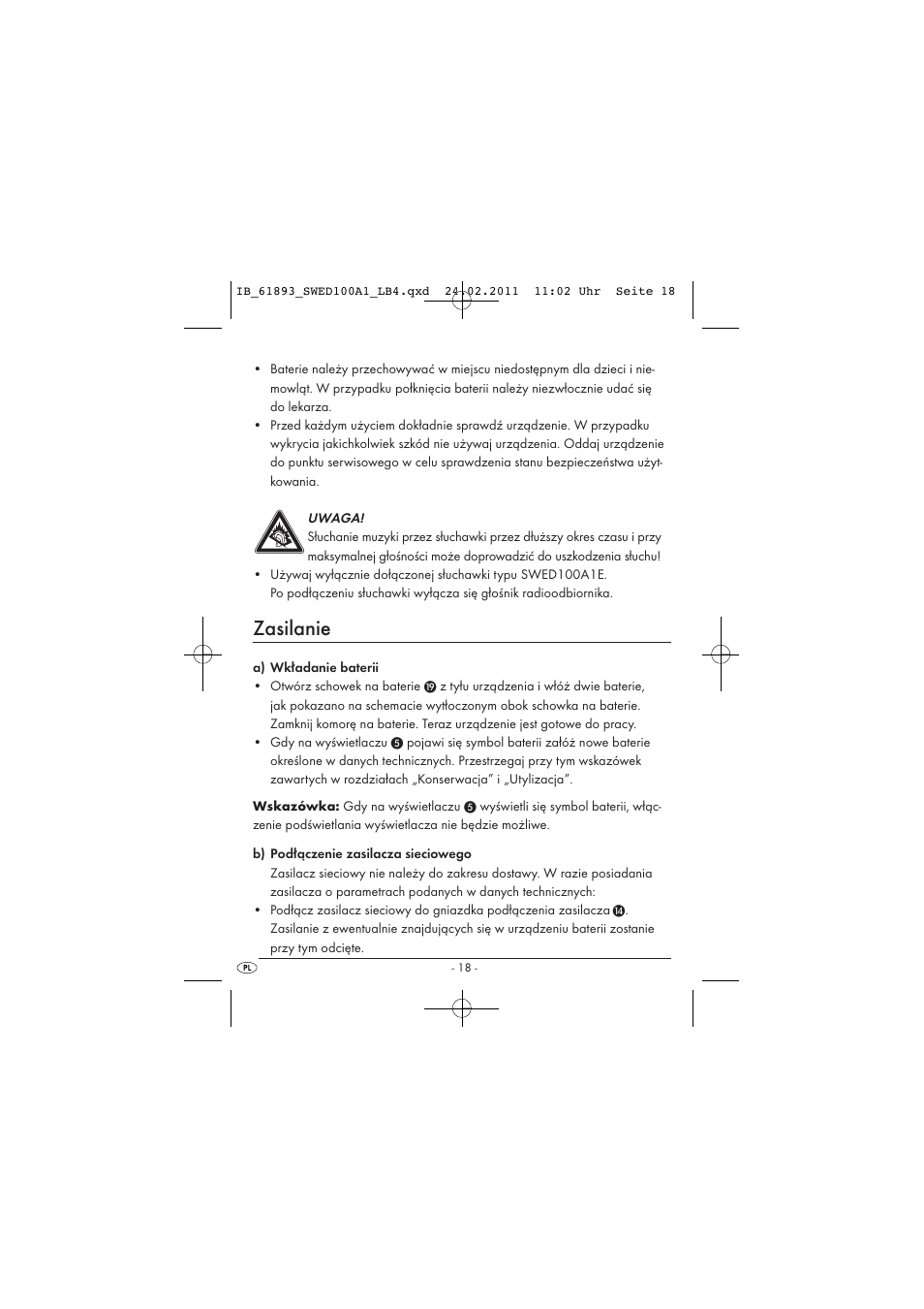 Zasilanie | Silvercrest SWED 100 A1 User Manual | Page 20 / 74