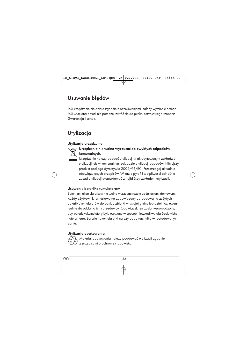 Usuwanie błędów, Utylizacja | Silvercrest SWED 100 A1 User Manual | Page 24 / 74